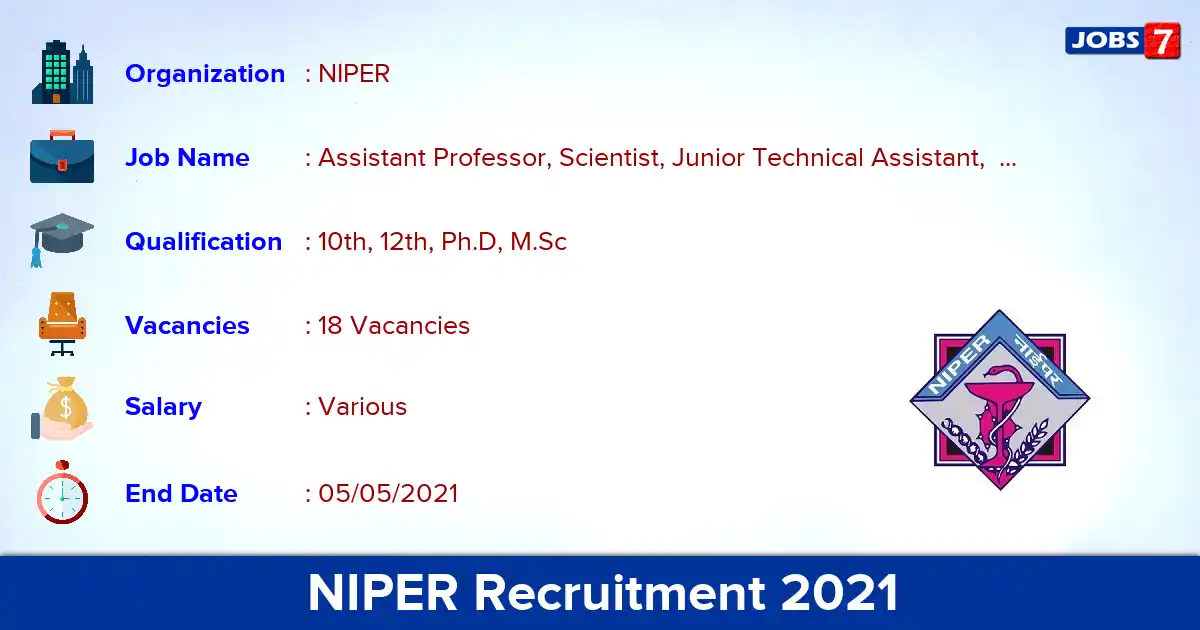 NIPER Hajipur Recruitment 2021 - Apply Offline for 18 Technical Assistant vacancies