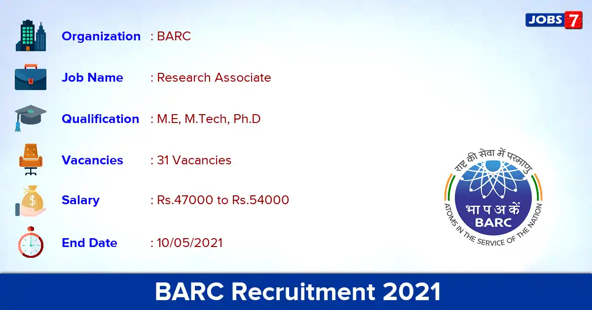 BARC Recruitment 2021 - Apply Offline for 31 Research Associate vacancies