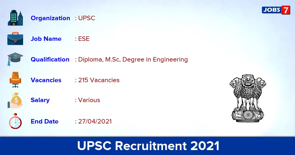 UPSC Recruitment 2021 - Apply Online for 215 ESE vacancies