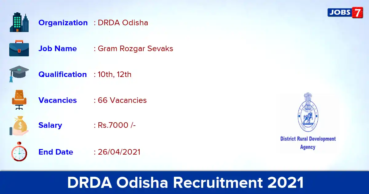 DRDA Odisha Recruitment 2021 - Apply Offline for 66 Gram Rozgar Sevaks vacancies