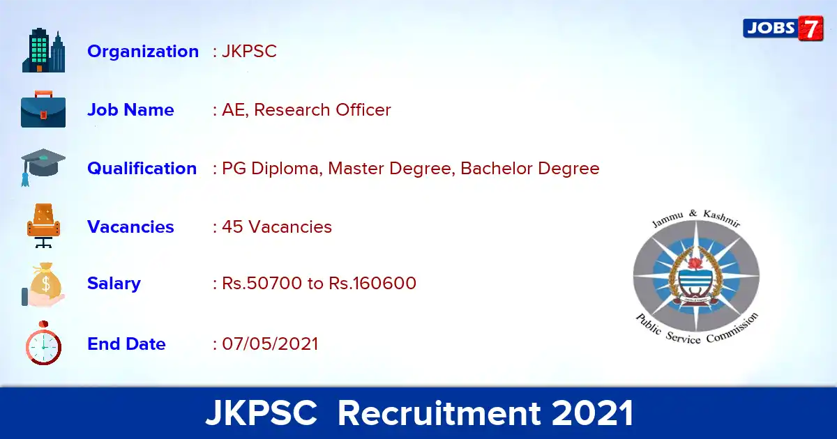 JKPSC  Recruitment 2021 - Apply Online for 45 AE, Research Officer vacancies