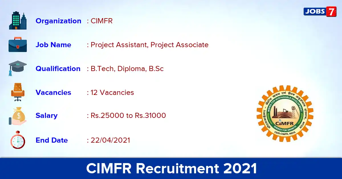 CIMFR Recruitment 2021 - Apply Offline for 12 Project Associate vacancies