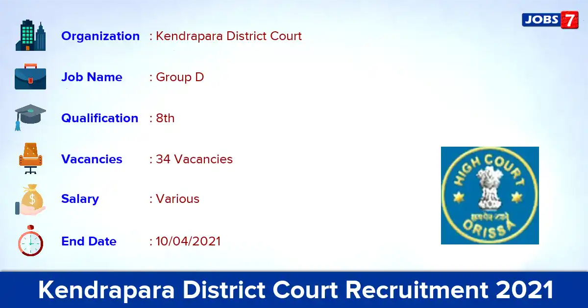 Kendrapara District Court Recruitment 2021 - Apply Offline for 34 Group D vacancies