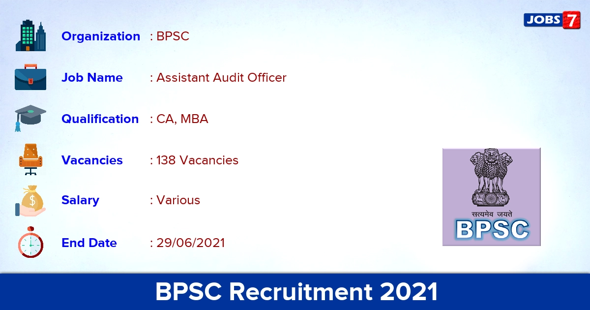 BPSC Recruitment 2021 - Apply Online for 138 Assistant Audit Officer Vacancies (Dates Revised)