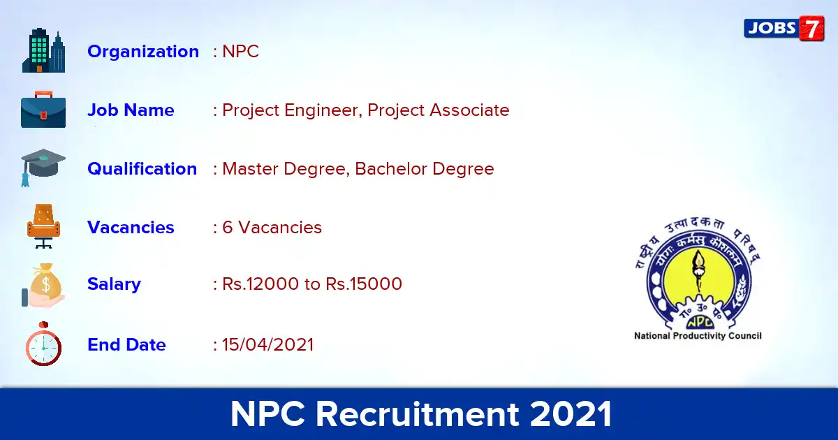 NPC Recruitment 2021 - Apply Online for Project Engineer Jobs