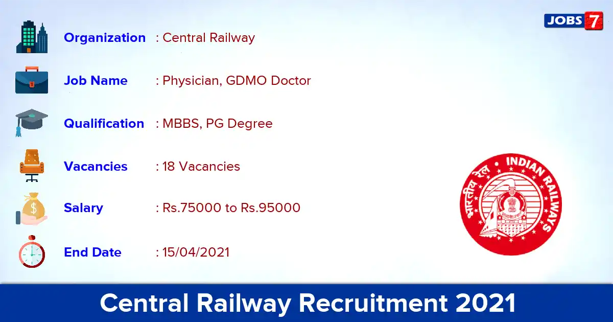 Central Railway Recruitment 2021 - Apply Offline for 18 Physician, GDMO Doctor vacancies