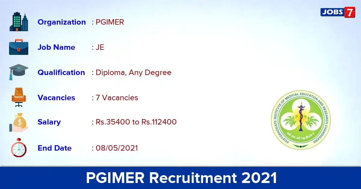 PGIMER Recruitment 2021 - Apply Offline for JE Jobs