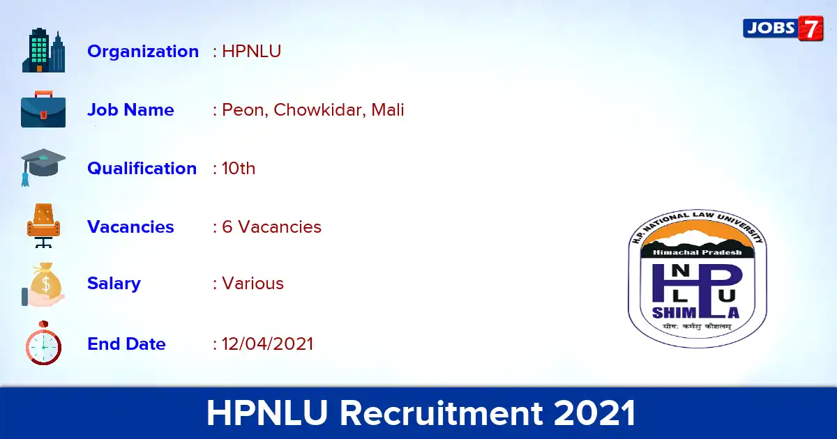 HPNLU Recruitment 2021 - Apply Offline for Peon, Chowkidar, Mali Jobs