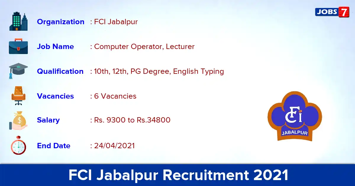 FCI Jabalpur Recruitment 2021 - Apply Offline for Computer Operator, Lecturer Jobs