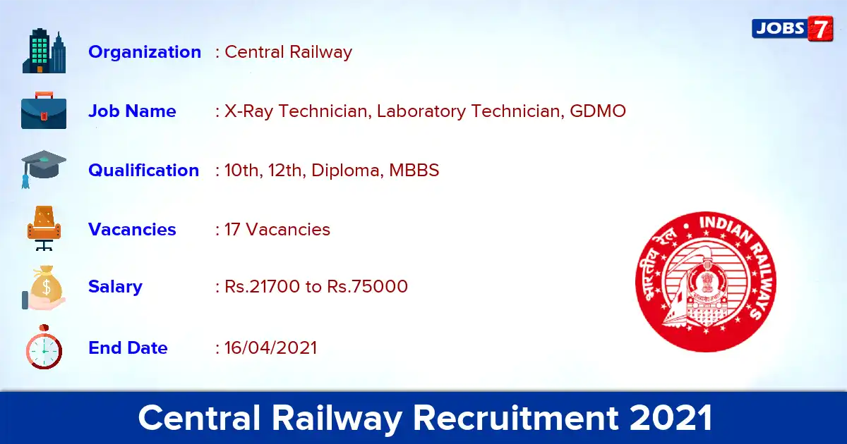 Central Railway Recruitment 2021 - Apply Online for 17 Laboratory Technician Vacancies