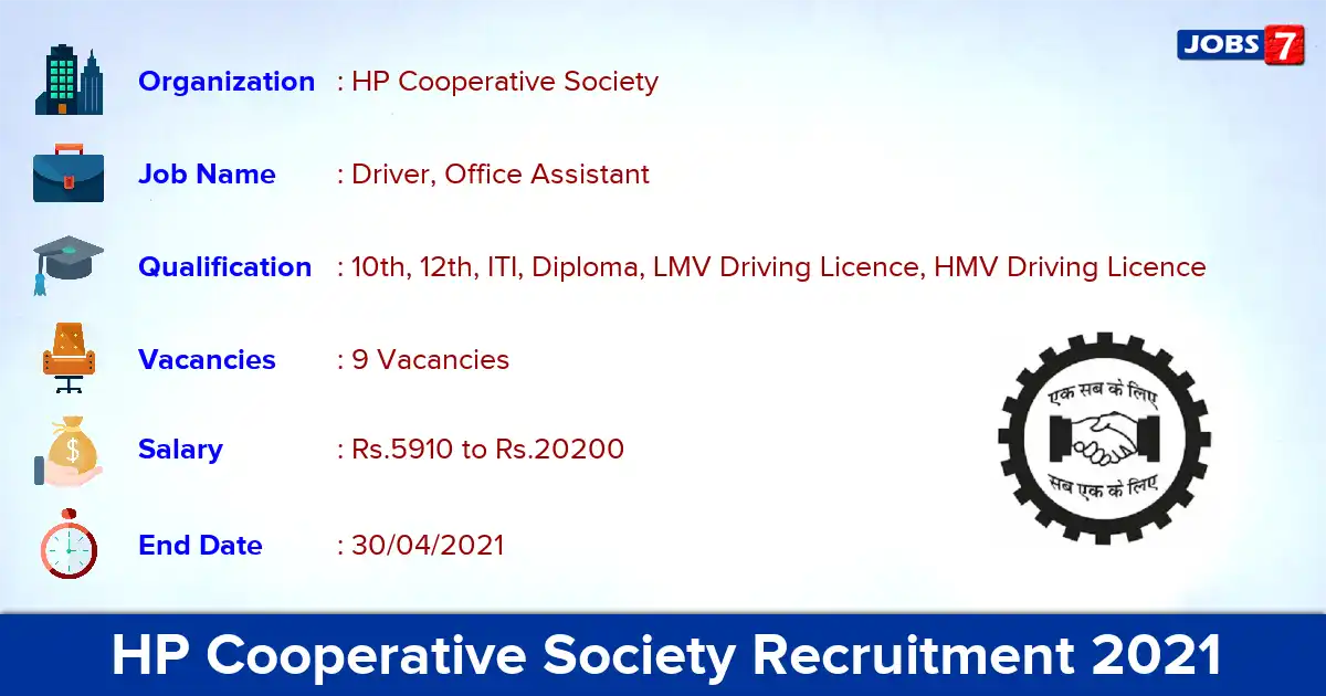 HP Cooperative Society Recruitment 2021 - Apply Offline for Driver, Office Assistant  Jobs