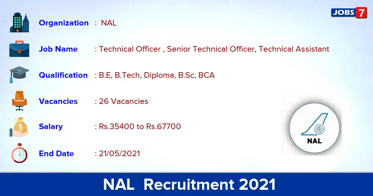  NAL  Recruitment 2021 - Apply Online for 26 Technical Officer Vacancies