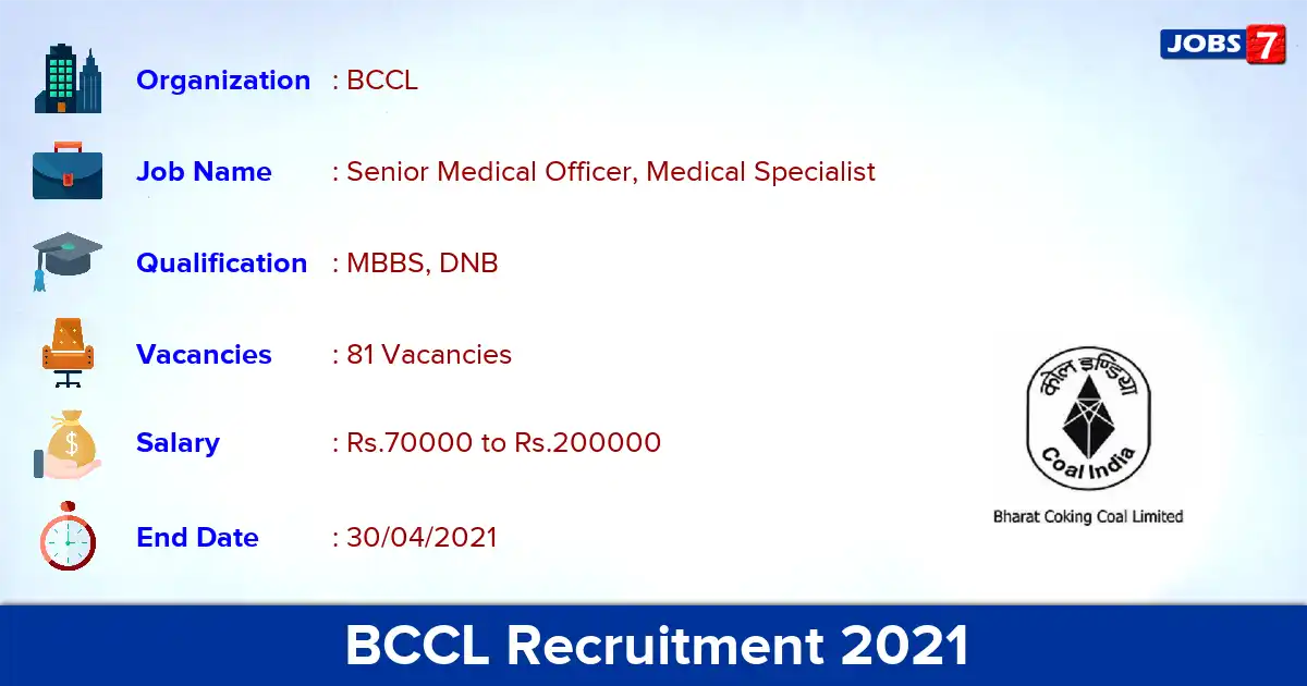 BCCL Recruitment 2021 - Apply Offline for 81 Medical Specialist vacancies