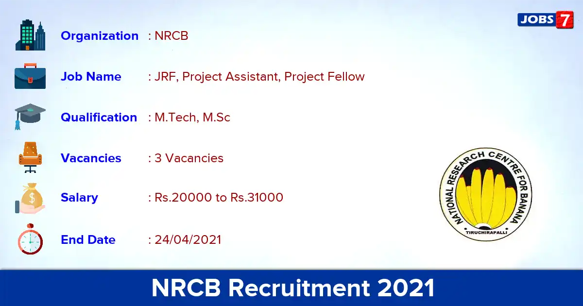 NRCB Trichy Recruitment 2021 - Apply Online for JRF, Project Assistant, Project Fellow Jobs