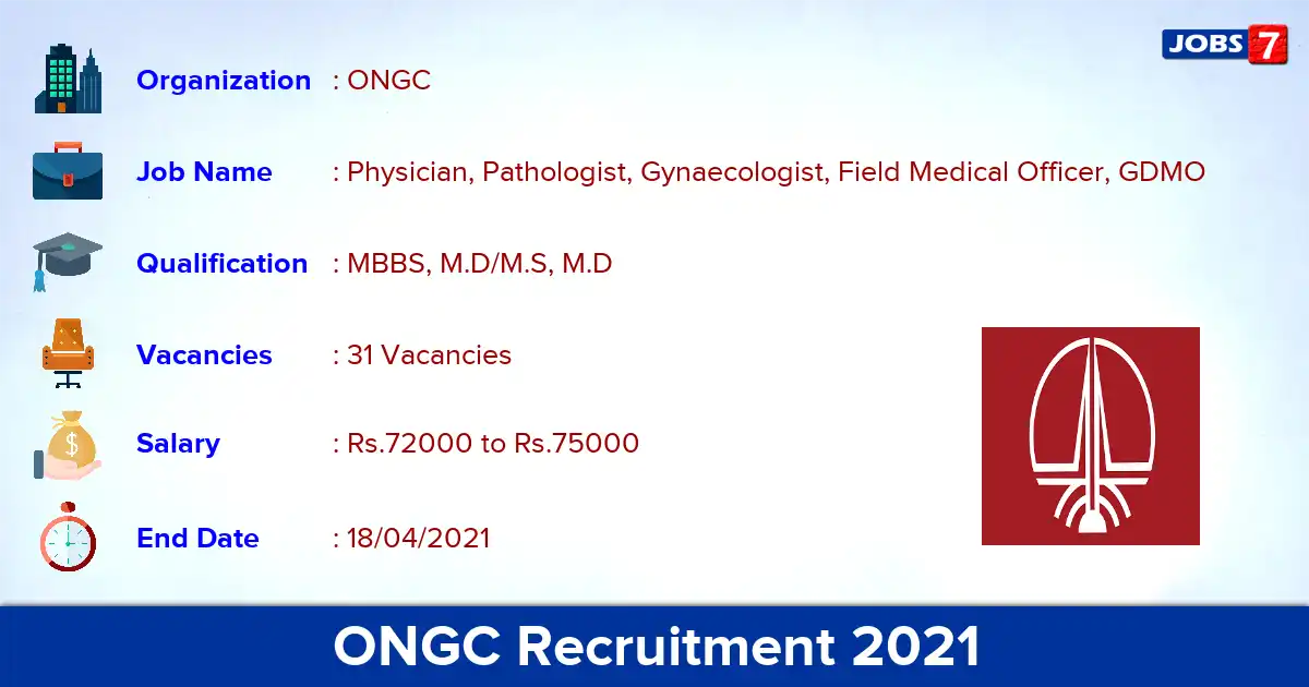 ONGC Recruitment 2021 - Apply Online for 31 Physician, GDMO Vacancies