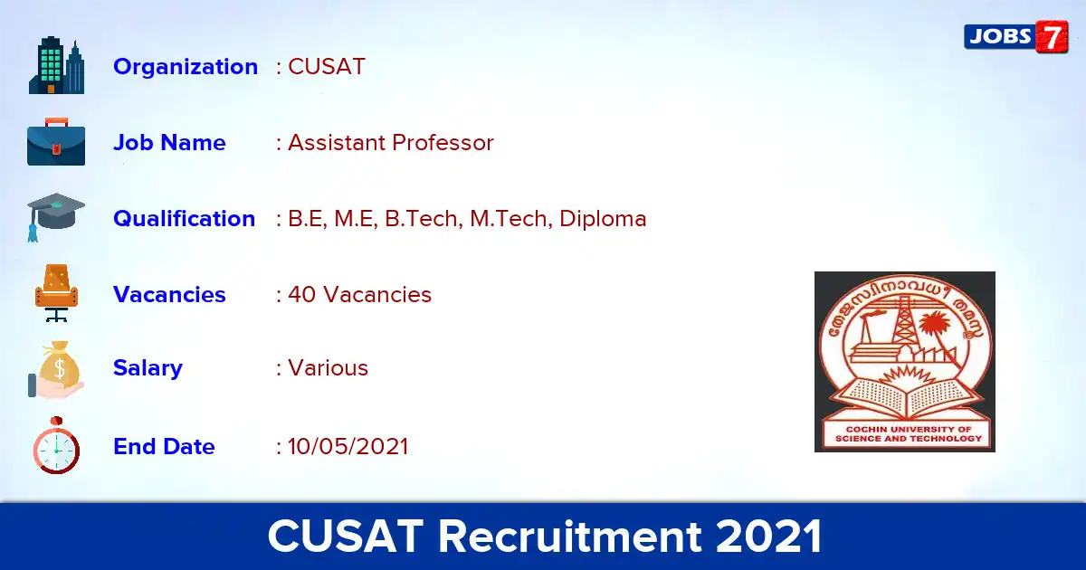 CUSAT Recruitment 2021 - Apply Online for 40 Assistant Professor Vacancies