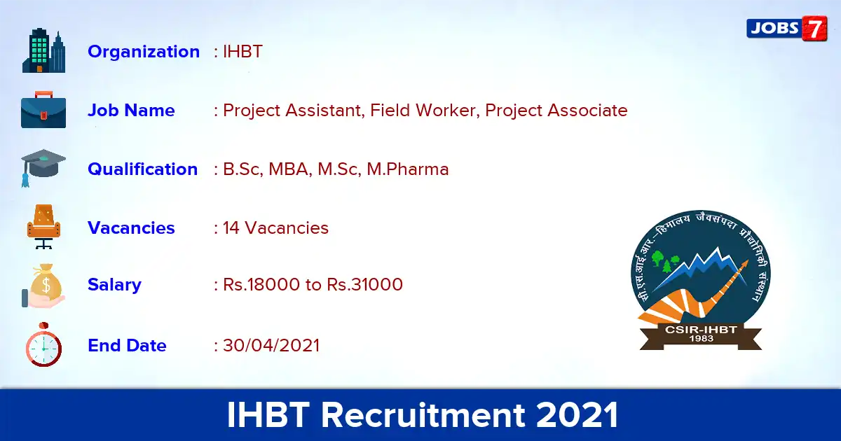 IHBT Recruitment 2021 - Apply Offline for 14 Project Assistant vacancies