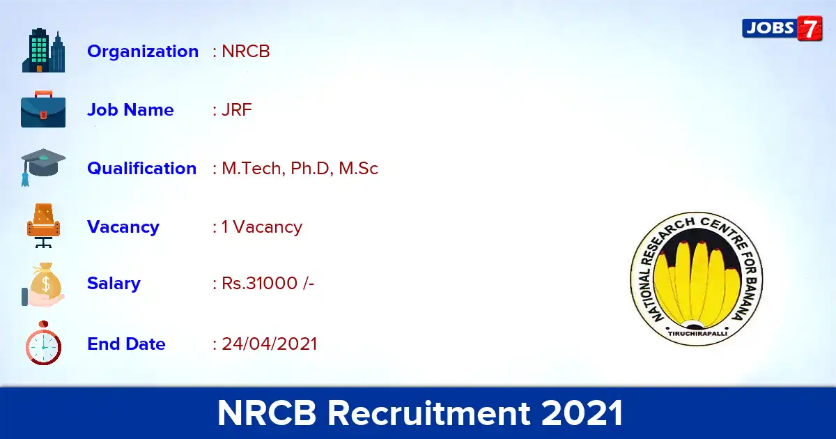 NRCB Trichy Recruitment 2021 - Apply Online for JRF Jobs