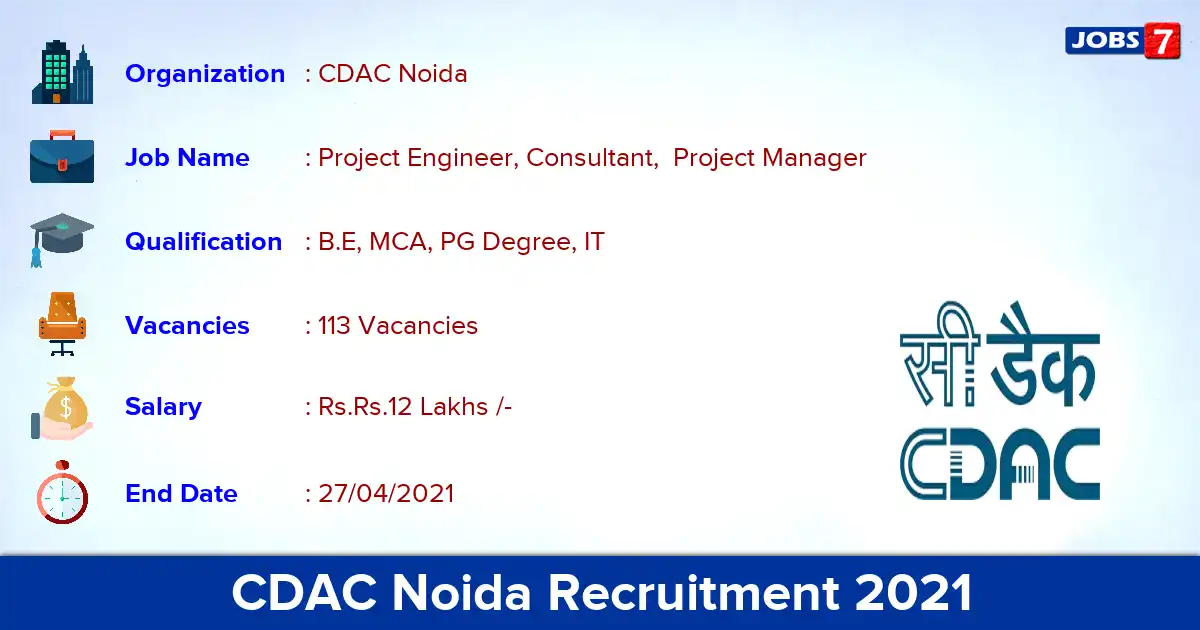 CDAC Noida Recruitment 2021 - Apply Online for 113 Project Engineer vacancies