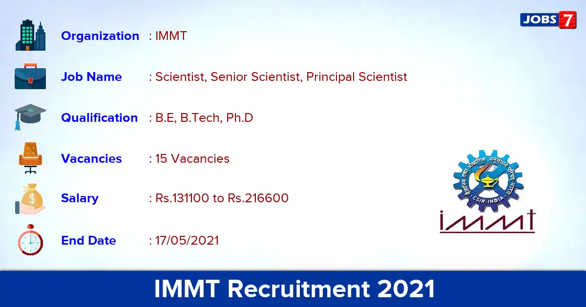 IMMT Recruitment 2021 - Apply Online for 15 Scientist vacancies