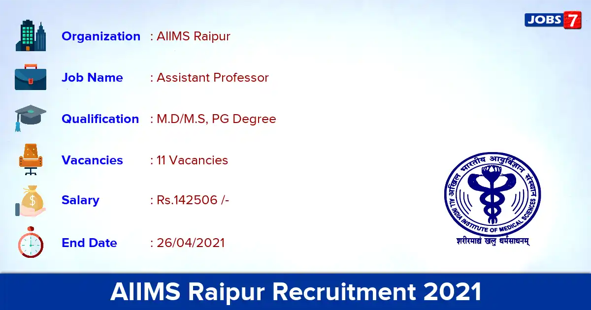AIIMS Raipur Recruitment 2021 - Apply Online for 11 Assistant Professor vacancies