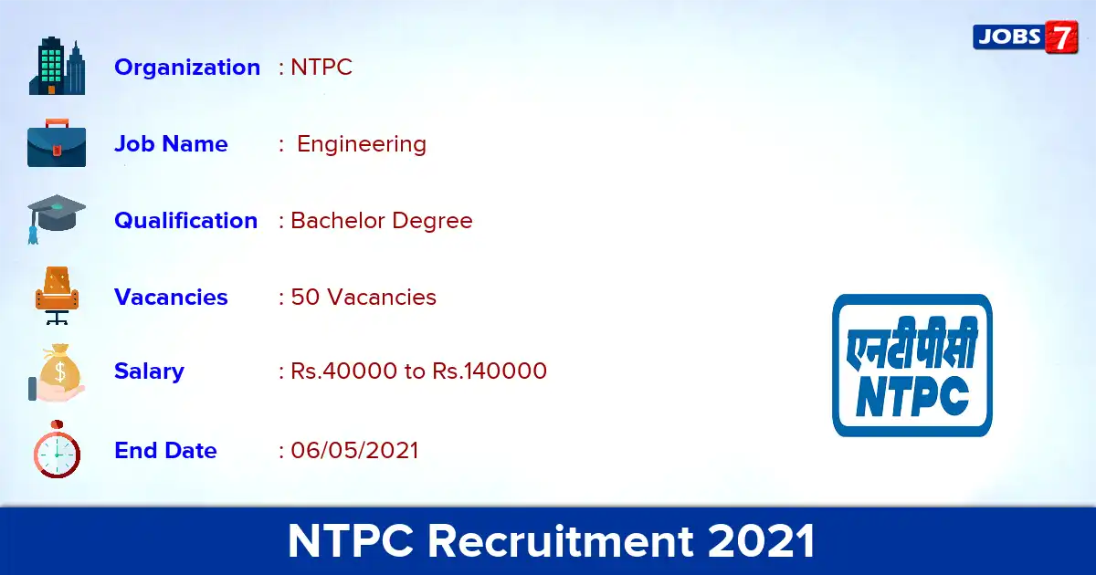 NTPC Recruitment 2021 - Apply Online for 50 Engineering Vacancies