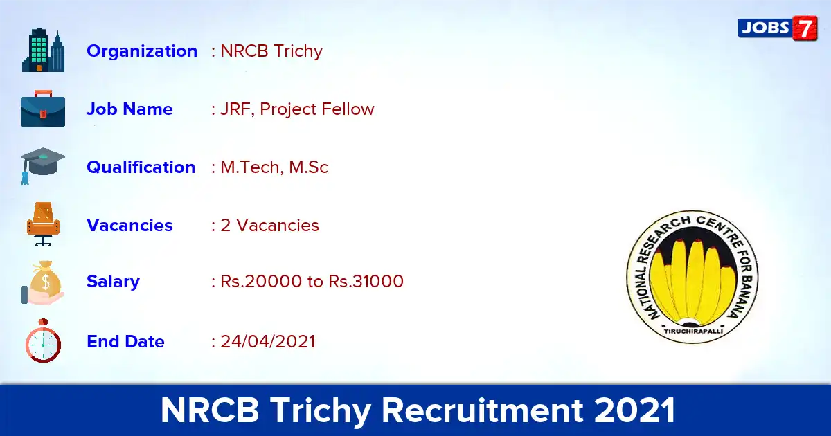 NRCB Trichy Recruitment 2021 - Apply Online for JRF, Project Fellow Jobs