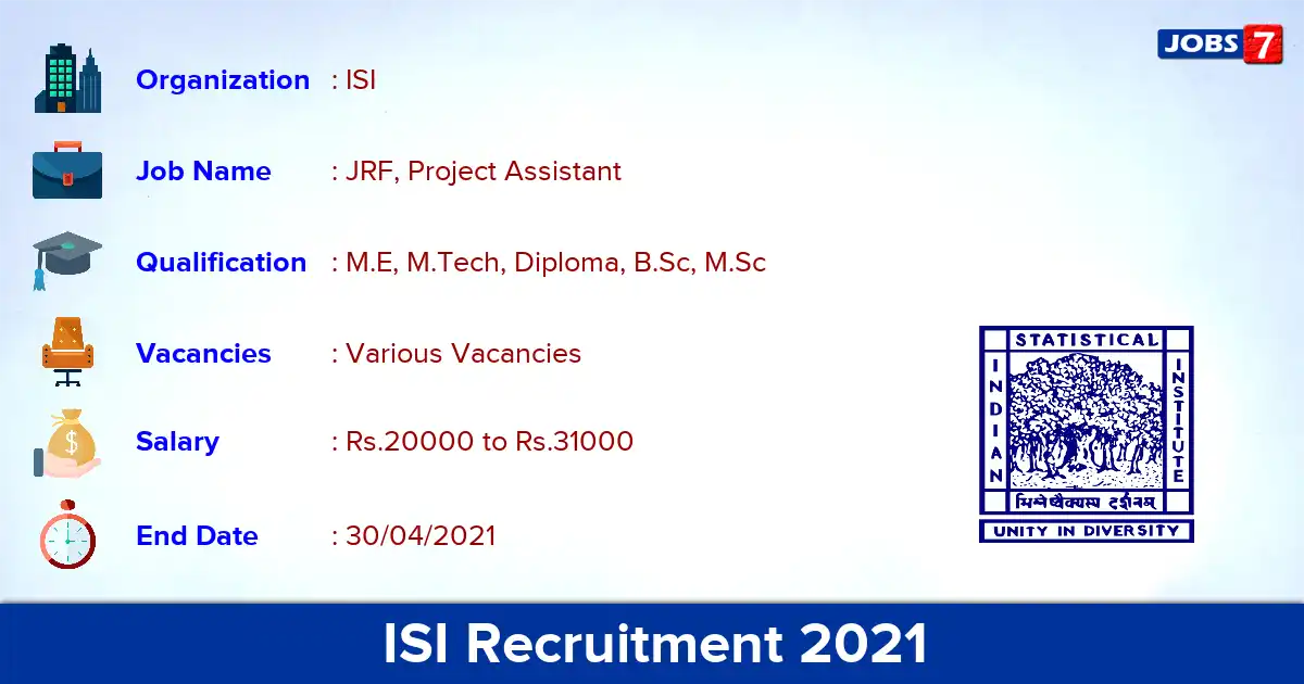 ISI Chennai Recruitment 2021 - Apply Online for JRF, Project Assistant vacancies