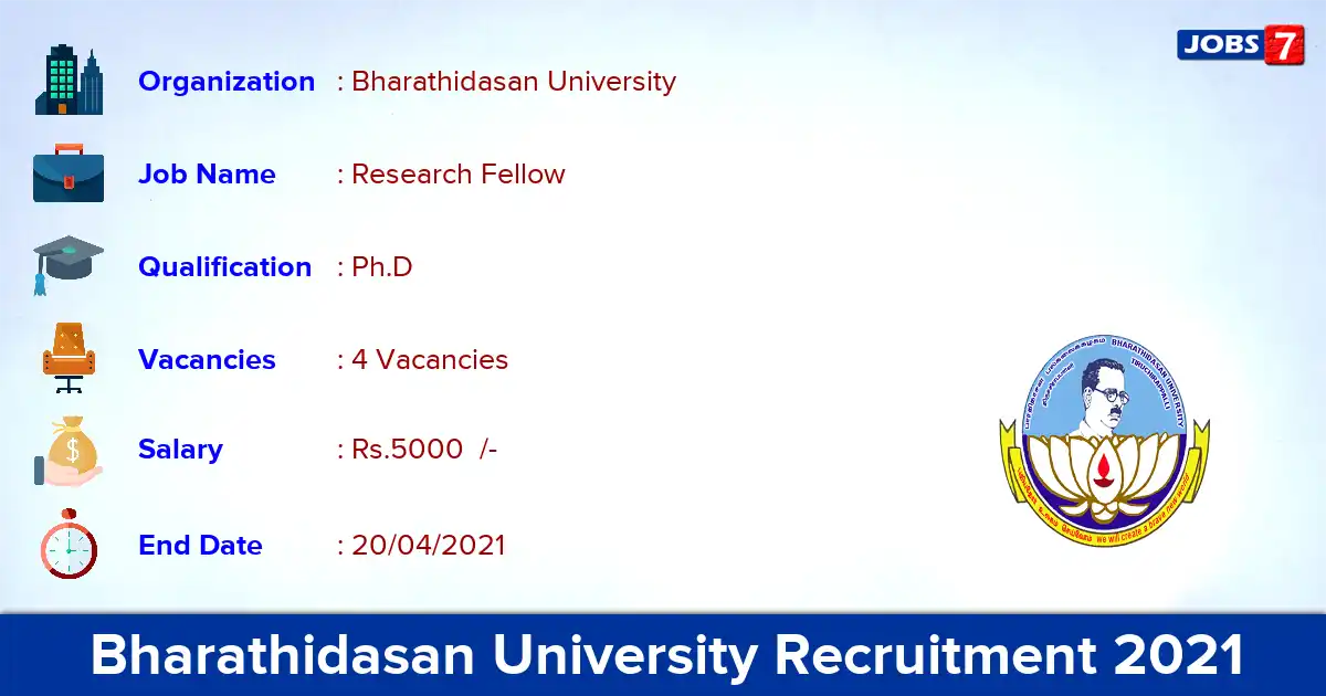 Bharathidasan University Recruitment 2021 - Apply Offline for Research Fellow Jobs