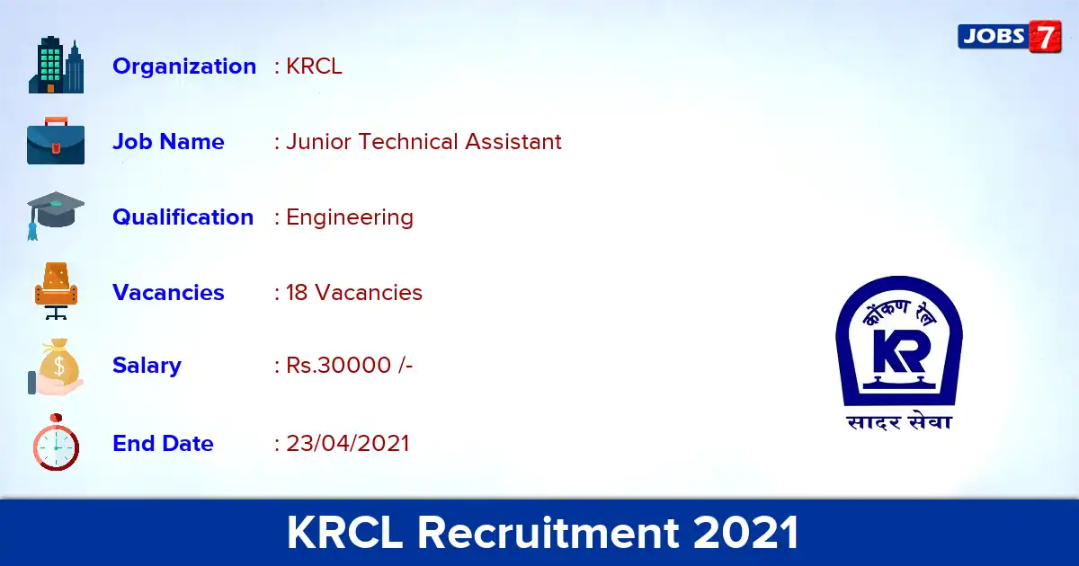 KRCL Recruitment 2021 - Apply Offline for 18 Junior Technical Assistant vacancies