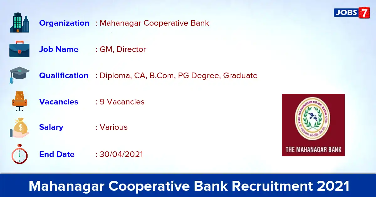 Mahanagar Cooperative Bank Recruitment 2021 - Apply Online for GM, Director Jobs