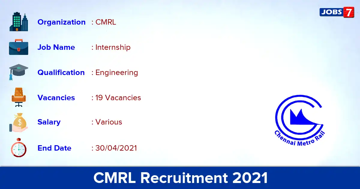 CMRL Recruitment 2021 - Apply Online for 19 Internship Vacancies