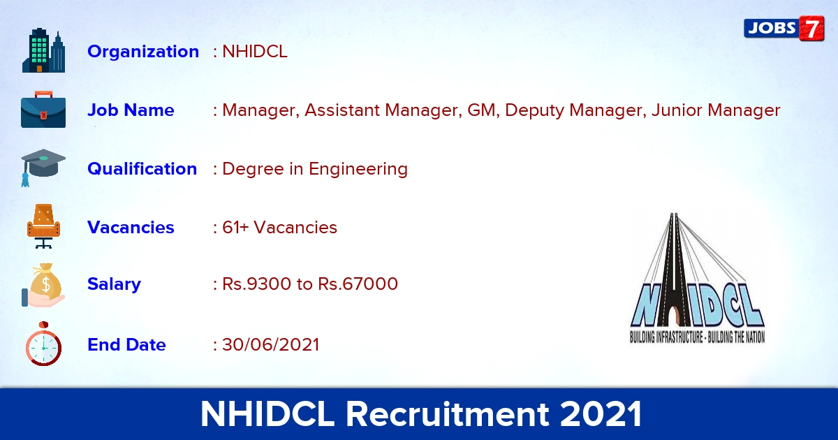 NHIDCL Recruitment 2021 - Apply Offline for Manager, Assistant Manager Vacancies (Last Date Extended)
