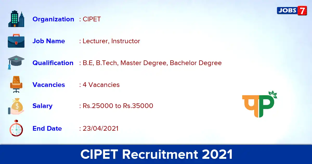 CIPET Recruitment 2021 - Apply Online for Lecturer, Instructor Jobs