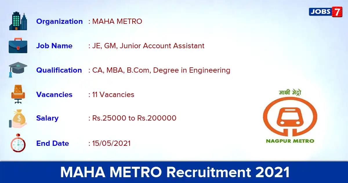 MAHA METRO Recruitment 2021 - Apply Offline for JE, GM, Junior Account Assistant vacancies