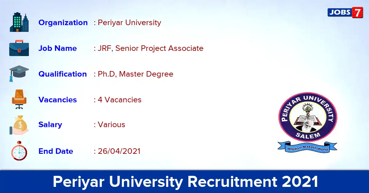 Periyar University Recruitment 2021 - Apply Online for JRF, Senior Project Associate Jobs