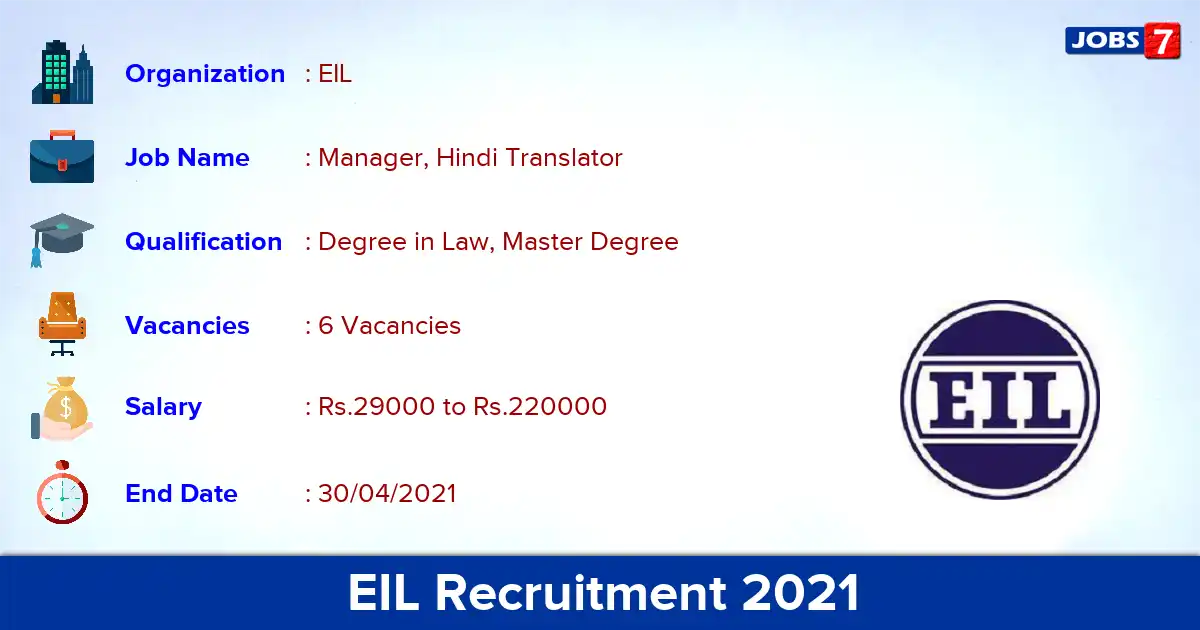EIL Recruitment 2021 - Apply Online for Manager, Hindi Translator Jobs