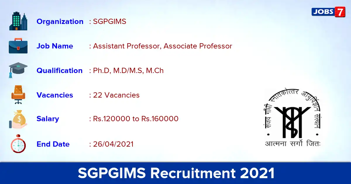 SGPGIMS Recruitment 2021 - Apply 22 Assistant Professor, Associate Professor vacancies