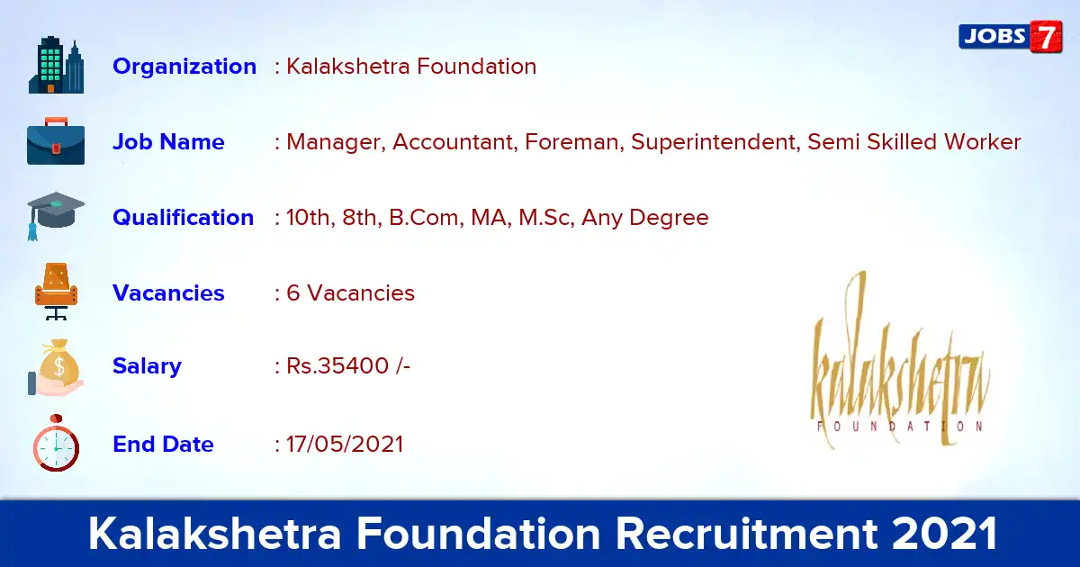 Kalakshetra Foundation Recruitment 2021 - Apply Online for Manager, Accountant Jobs
