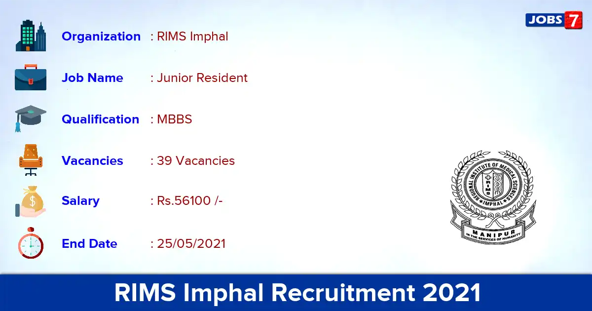 RIMS Imphal Recruitment 2021 - Apply Offline for 39 Junior Resident vacancies