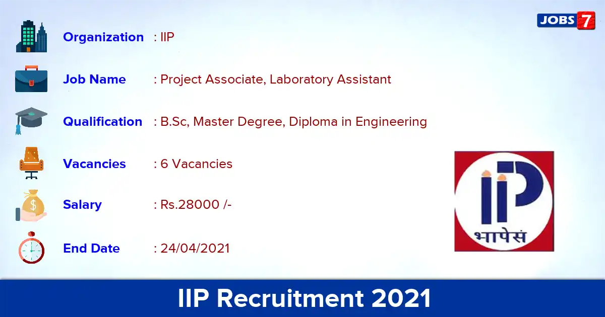 IIP Recruitment 2021 - Apply Online for Project Associate, Laboratory Assistant Jobs