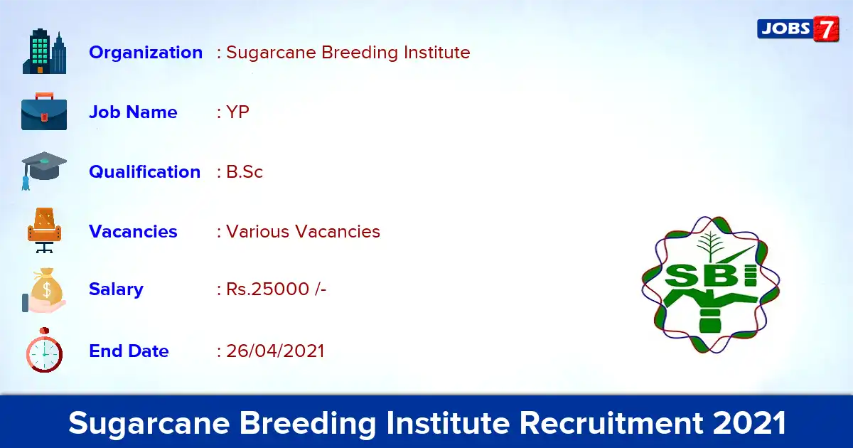 Sugarcane Breeding Institute Recruitment 2021 - Apply online for YP Vacancies