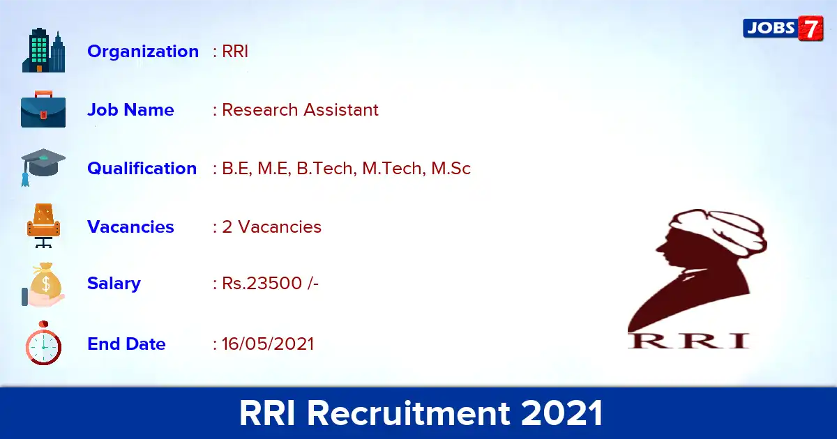 RRI Recruitment 2021 - Apply Online for Research Assistant  Jobs