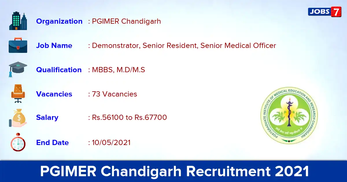 PGIMER Chandigarh Recruitment 2021 - Apply Online for 73 Senior Resident, Senior Medical Officer vacancies