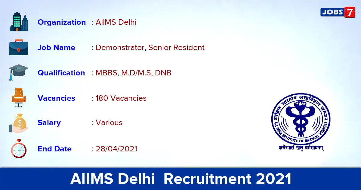 AIIMS Delhi Recruitment 2021 - Apply Offline for 180 Demonstrator, Senior Resident vacancies AIIMS Delhi Recruitment 2021 - Apply Offline for 180 Demonstrator, Senior Resident vacancies