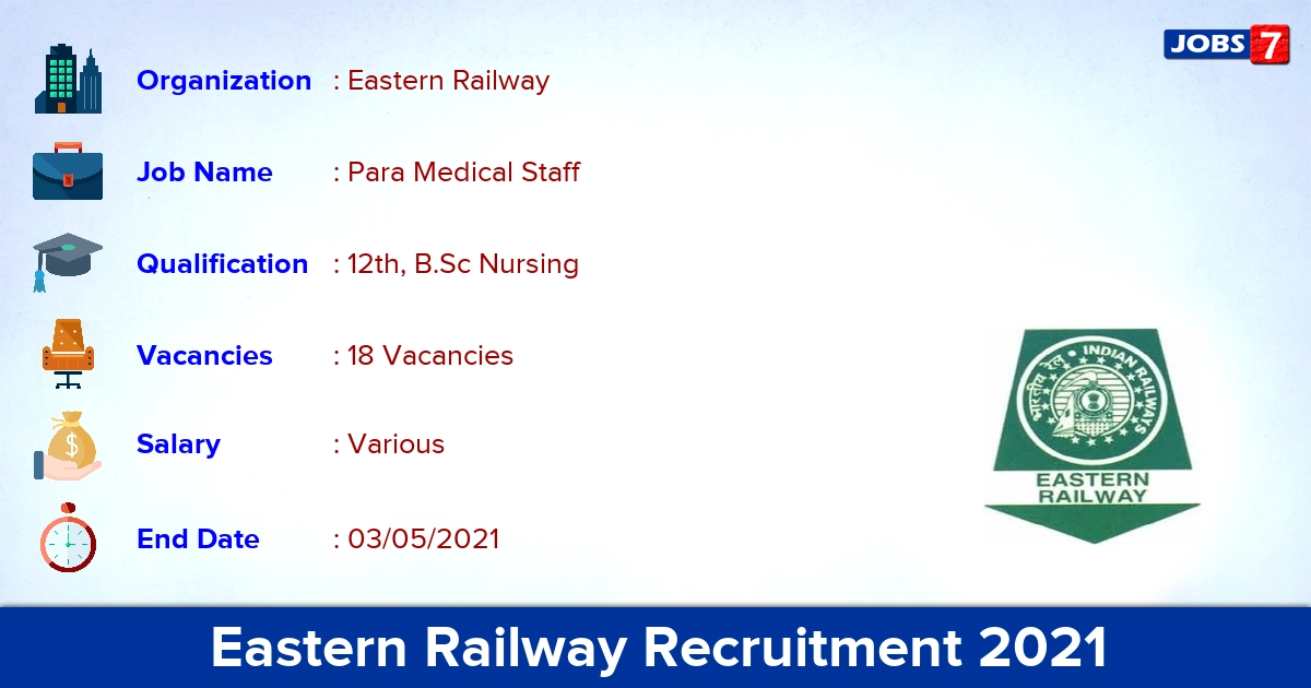 Eastern Railway Recruitment 2021 - Apply Offline for 18 Para Medical Staff vacancies