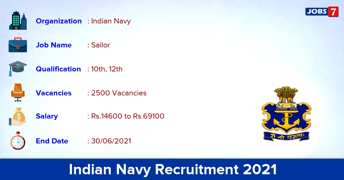 Indian Navy Recruitment 2021 - Apply Online for 2500 Sailor vacancies Indian Navy Recruitment 2021 - Apply Online for 2500 Sailor vacancies