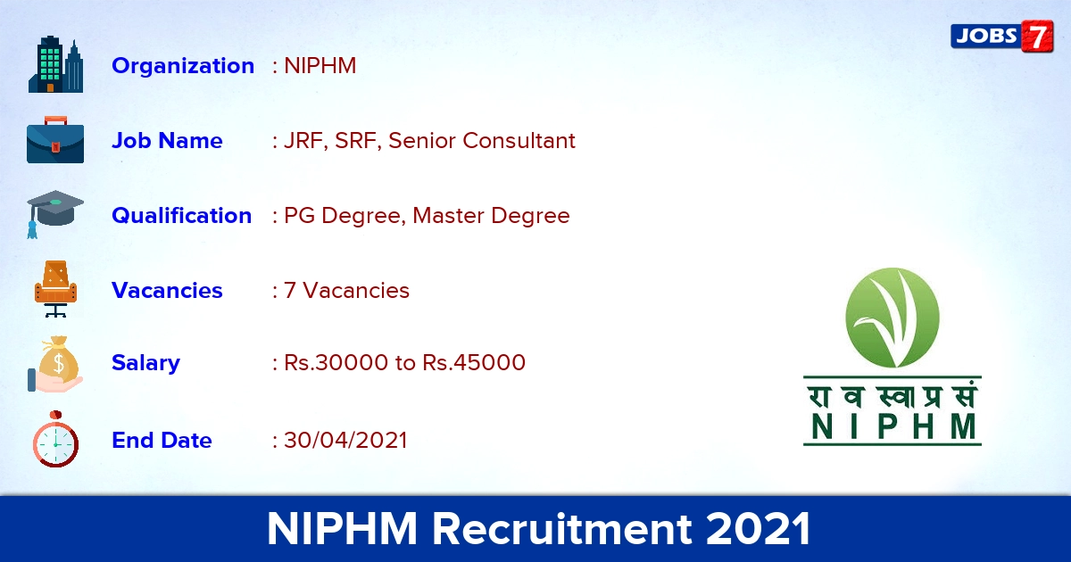 NIPHM Recruitment 2021 - Apply Offline for JRF, SRF, Senior Consultant Jobs