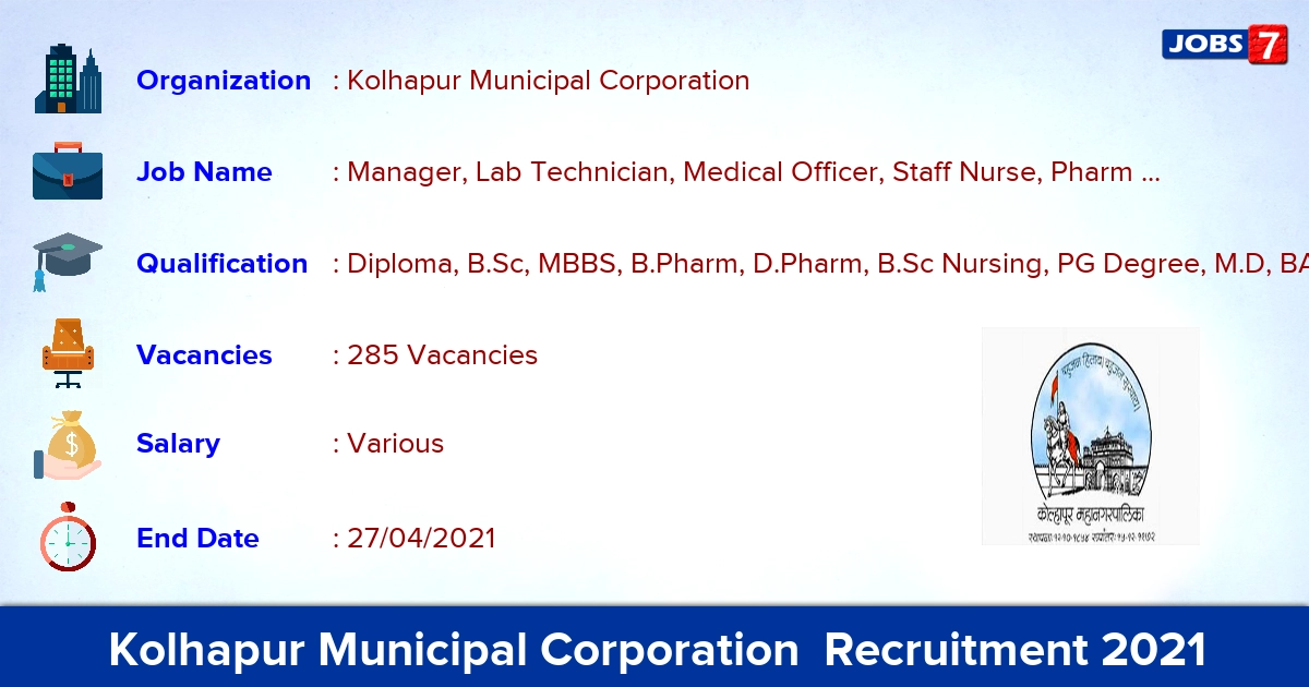 Kolhapur Municipal Corporation  Recruitment 2021 - Apply Online for 285 Manager vacancies