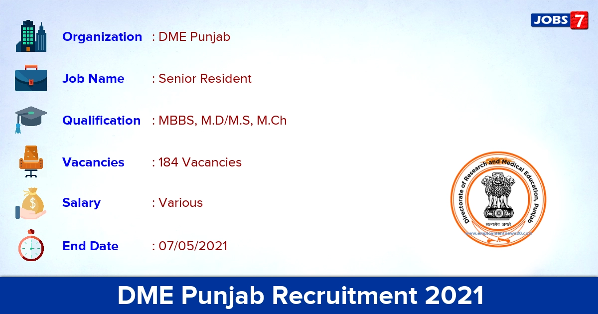 DME Punjab Recruitment 2021 - Apply Offline for 184 Senior Resident vacancies
